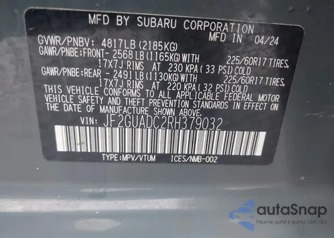 2024 Subaru Crosstrek Premium z USA, uszkodzony, nr VIN JF2GUADC2RH379032